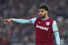 Lucas Paqueta of West Ham points instructions during the Premier League match between West Ham United FC and Brentford FC at London Stadium on February 15, 2025 in London, England.