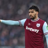 Lucas Paqueta of West Ham points instructions during the Premier League match between West Ham United FC and Brentford FC at London Stadium on February 15, 2025 in London, England.