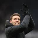 Fabian Huerzeler, Manager of Brighton & Hove Albion, applauds the fans following the team's victory during the Emirates FA Cup Fifth Round match between Newcastle United and Brighton & Hove Albion at St James' Park on March 02, 2025 in Newcastle upon Tyne, England. (