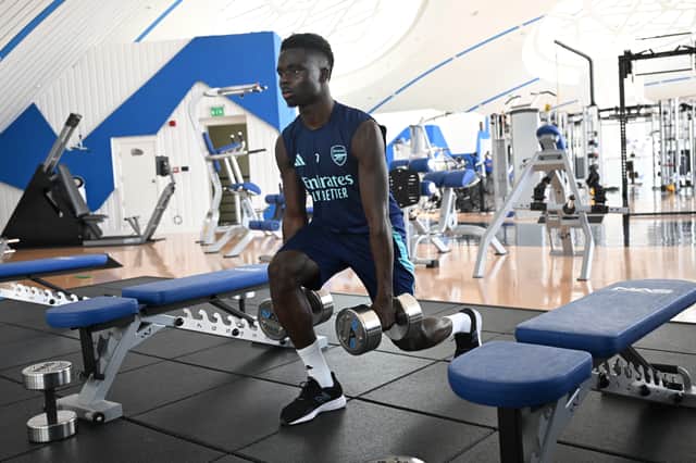 Bukayo Saka of Arsenal during a training session at NAS Sports Complex on February 11, 2025 in Dubai, United Arab Emirates.