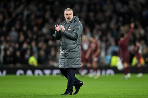 Ange Postecoglou, Manager of Tottenham Hotspur, applauds the fans after the team's defeat in the Premier League match between Tottenham Hotspur FC and Manchester City FC at Tottenham Hotspur Stadium on February 26, 2025 in London, England. 