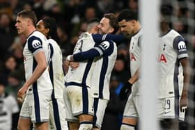 Tottenham Hotspur's English midfielder #10 James Maddison celebrates scoring the team's second goal with Tottenham Hotspur's Spanish defender #23 Pedro Porro during the UEFA Europa League Last 16 Second Leg football match between Tottenham Hotspur and AZ Alkmaar at the Tottenham Hotspur Stadium in London, on March 25, 2025