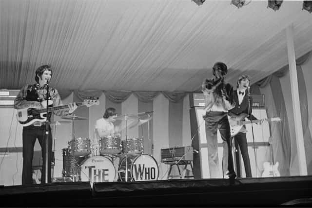 The Who perform on stage at the Windsor National Jazz and Blues Festival, UK, 30th July 1966.