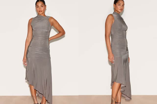 Mushroom Double Layer Slinky Asymmetrical Ruched Midaxi Dress £30