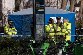 Police work at the scene after a van struck several pedestrians on The Strand