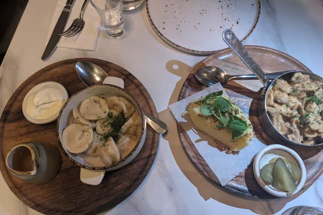 Beef stroganoff and Russian dumplings