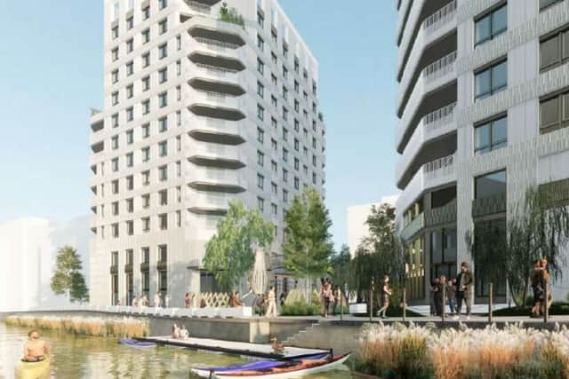 How the Stratford High Street flats and cafe development will look from the Bow Back River