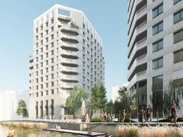 How the Stratford High Street flats and cafe development will look from the Bow Back River