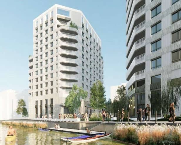 How the Stratford High Street flats and cafe development will look from the Bow Back River