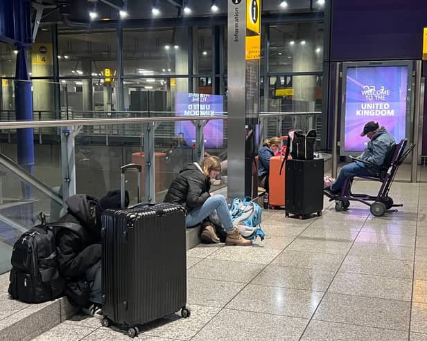 Stranded passengers at Heathrow Terminal 5 in London