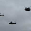 Puma helicopters fly over RAF Cosford.