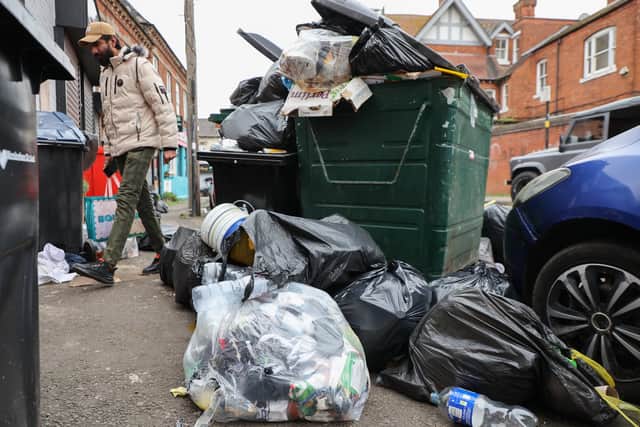 Rubbish piled up on Bank Street, Kings Heath in Birmingham ahead of negotiations between Unite and the Birmingham City council are set to resume on this Thursday regarding bin strike.