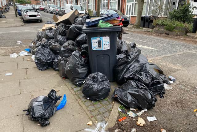 A pile of bin bags in the Selly Park area of Birmingham as the bin strike continues