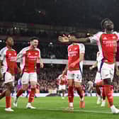 Bukayo Saka of Arsenal celebrates scoring his team's second goal during the Premier League match between Arsenal FC and Fulham FC at Emirates Stadium on April 01, 2025 in London, England.