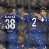 Joao Felix of Chelsea celebrates with teammates Marc Guiu, Axel Disasi and Mykhaylo Mudryk after scoring his team's sixth goal during the UEFA Conference League 2024/25 League Phase MD3 match between Chelsea FC and FC Noah at Stamford Bridge on November 07, 2024 in London, England.