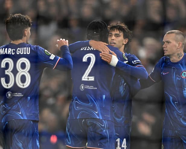 Joao Felix of Chelsea celebrates with teammates Marc Guiu, Axel Disasi and Mykhaylo Mudryk after scoring his team's sixth goal during the UEFA Conference League 2024/25 League Phase MD3 match between Chelsea FC and FC Noah at Stamford Bridge on November 07, 2024 in London, England.
