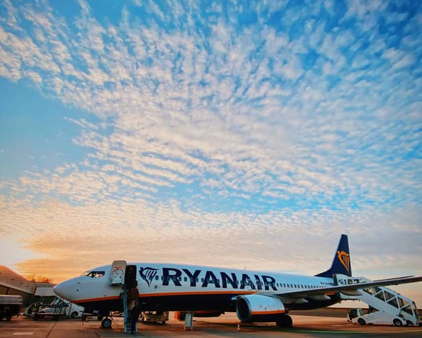 A RyanAir plane on the runway at Stansted Airport
