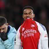Gabriel of Arsenal looks dejected as he leaves the pitch after picking up an injury during the Premier League match between Arsenal FC and Fulham FC at Emirates Stadium on April 01, 2025 in London, England. 