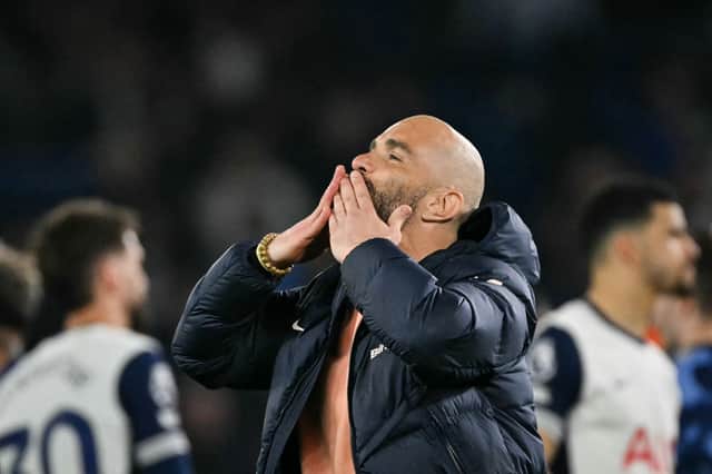 Chelsea's Italian head coach Enzo Maresca sends a kisses to the fans at the end of the English Premier League football match between Chelsea and Tottenham Hotspur at Stamford Bridge in London on April 3, 2025. Chelsea wins 1 - 0 against Tottenham Hotspur.