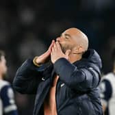 Chelsea's Italian head coach Enzo Maresca sends a kisses to the fans at the end of the English Premier League football match between Chelsea and Tottenham Hotspur at Stamford Bridge in London on April 3, 2025. Chelsea wins 1 - 0 against Tottenham Hotspur.