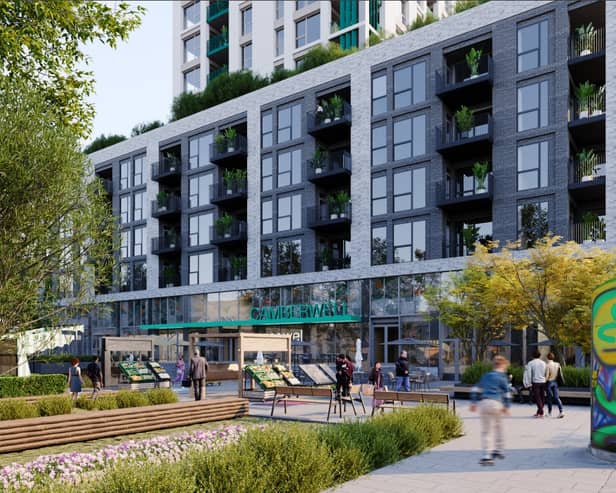 An artist's impression of how the hotel and homes at Camberwell Green, South London could look
