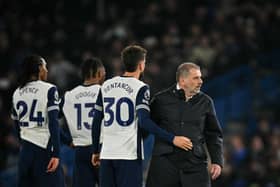 Tottenham Hotspur's Greek-Australian Head Coach Ange Postecoglou reacts at the end of the English Premier League football match between Chelsea and Tottenham Hotspur at Stamford Bridge in London on April 3, 2025. Chelsea wins 1 - 0 against Tottenham Hotspur.
