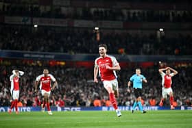 Declan Rice celebrates scoring against Arsenal.