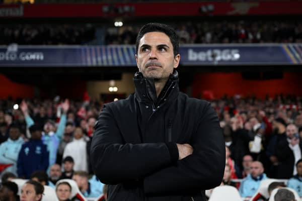 Mikel Arteta, Manager of Arsenal, looks on prior to the UEFA Champions League 2024/25 Quarter Final First Leg match between Arsenal FC and Real Madrid C.F. at Emirates Stadium on April 08, 2025 in London, England. 