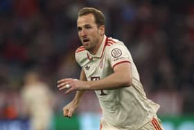 Harry Kane of Bayern Muenchen reacts during the UEFA Champions League 2024/25 Quarter Final First Leg match between FC Bayern MÃ¼nchen and FC Internazionale Milano at Fussball Arena Muenchen on April 08, 2025 in Munich, Germany. 