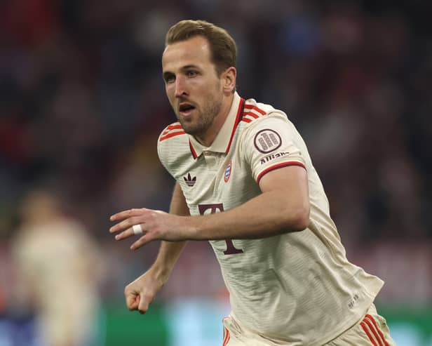 Harry Kane of Bayern Muenchen reacts during the UEFA Champions League 2024/25 Quarter Final First Leg match between FC Bayern MÃ¼nchen and FC Internazionale Milano at Fussball Arena Muenchen on April 08, 2025 in Munich, Germany. 