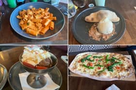 Prezzo's Easter menu, which includes, clockwise from top left: pasta alla vodka; Creme Egg calzone, Tuscan sausage and broccoli pizza; a children's sundae