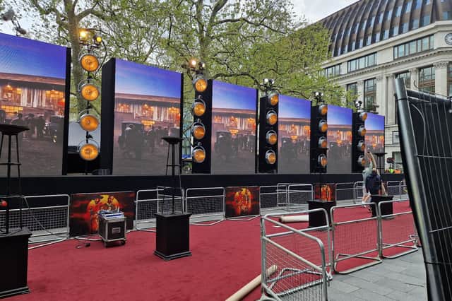Set up is underway in Leicester Square for tonight's premiere of Sinners. 