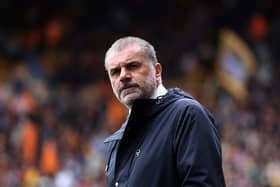 Ange Postecoglou, manager of Tottenham Hotspur, looks on before the Premier League match between Wolverhampton Wanderers FC and Tottenham Hotspur FC at Molineux on April 13, 2025 in Wolverhampton, England.