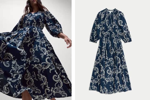 Pure Cotton Printed V-Neck Midi Waisted Dress (navy blue) £45 