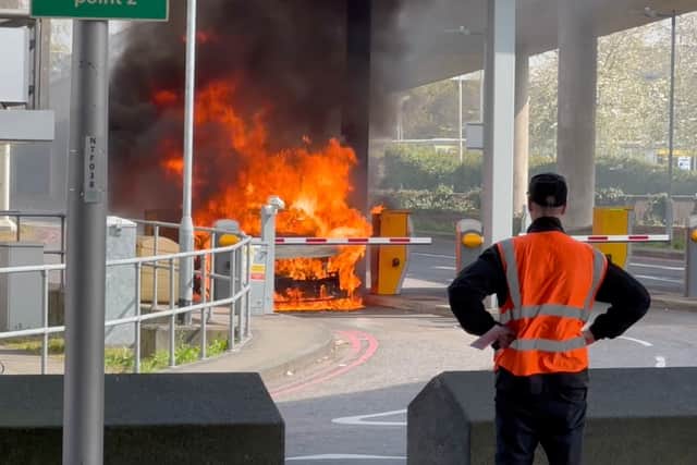 Car catches fire at Gatwick Airport.