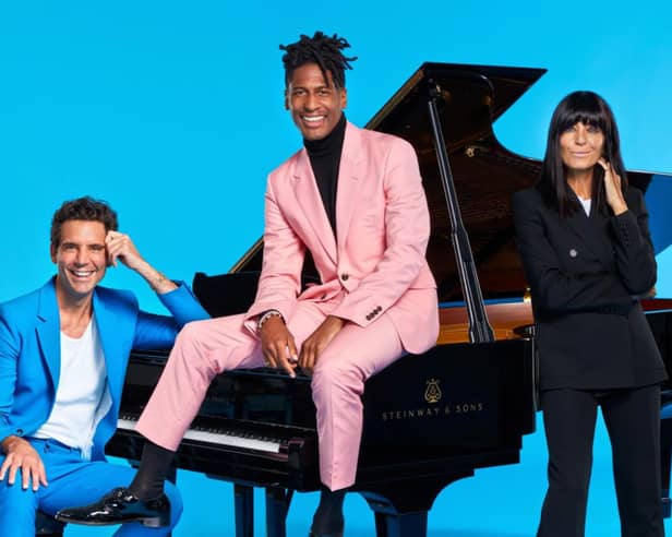 (L-R) Mika, Jon Batiste, Claudia Winkleman on The Piano