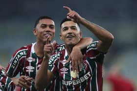 Esquerdinha celebrates with Fluminense teammate Kaua Elias.