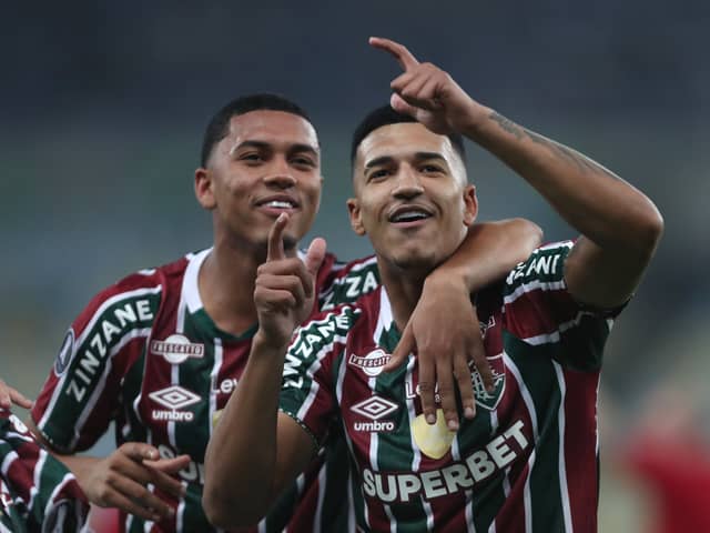 Esquerdinha celebrates with Fluminense teammate Kaua Elias.