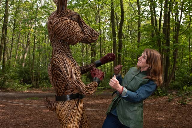 Artist Helena Mellenchip with her boxing hare, at Lytham Hall
