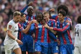 Eberechi Eze celebrates scoring against Aston Villa.