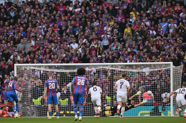 Jean-Philippe Mateta misses a penalty against Aston Villa.