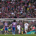 Jean-Philippe Mateta misses a penalty against Aston Villa.