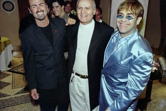 Gianni Versace, Elton John and George Michael at the Bond St Versace store, 1995