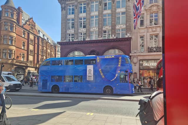 Some buses with routes down Oxford Street have been wrapped to look like Ikea’s famous blue bag to promote its opening.