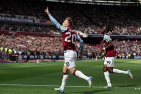 Jarrod Bowen celebrates scoring against Tottenham Hotspur.