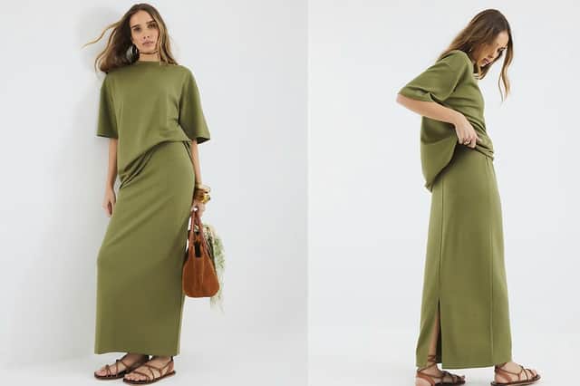 River Island's Khaki Premium Short Sleeve Oversized T-shirt £29 and Khaki Neoprene Maxi Skirt £26 co-ord set