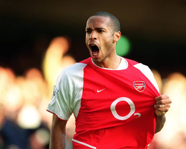 Thierry Henry celebrates scoring Arsenal's 2nd goal during the Premier League match between Arsenal and Chelsea on October 18, 2003 in London