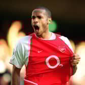 Thierry Henry celebrates scoring Arsenal's 2nd goal during the Premier League match between Arsenal and Chelsea on October 18, 2003 in London