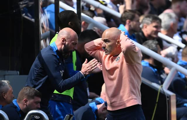 Chelsea head coach Enzo Maresca reacts after a near miss during the Premier League match between Newcastle United FC and Chelsea FC at St James' Park on May 11, 2025 in Newcastle upon Tyne, England