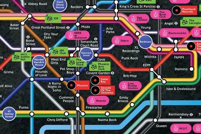 The central section of the London Grassroots Music Tube map, created as part of a new campaign to champion the capital's music sector